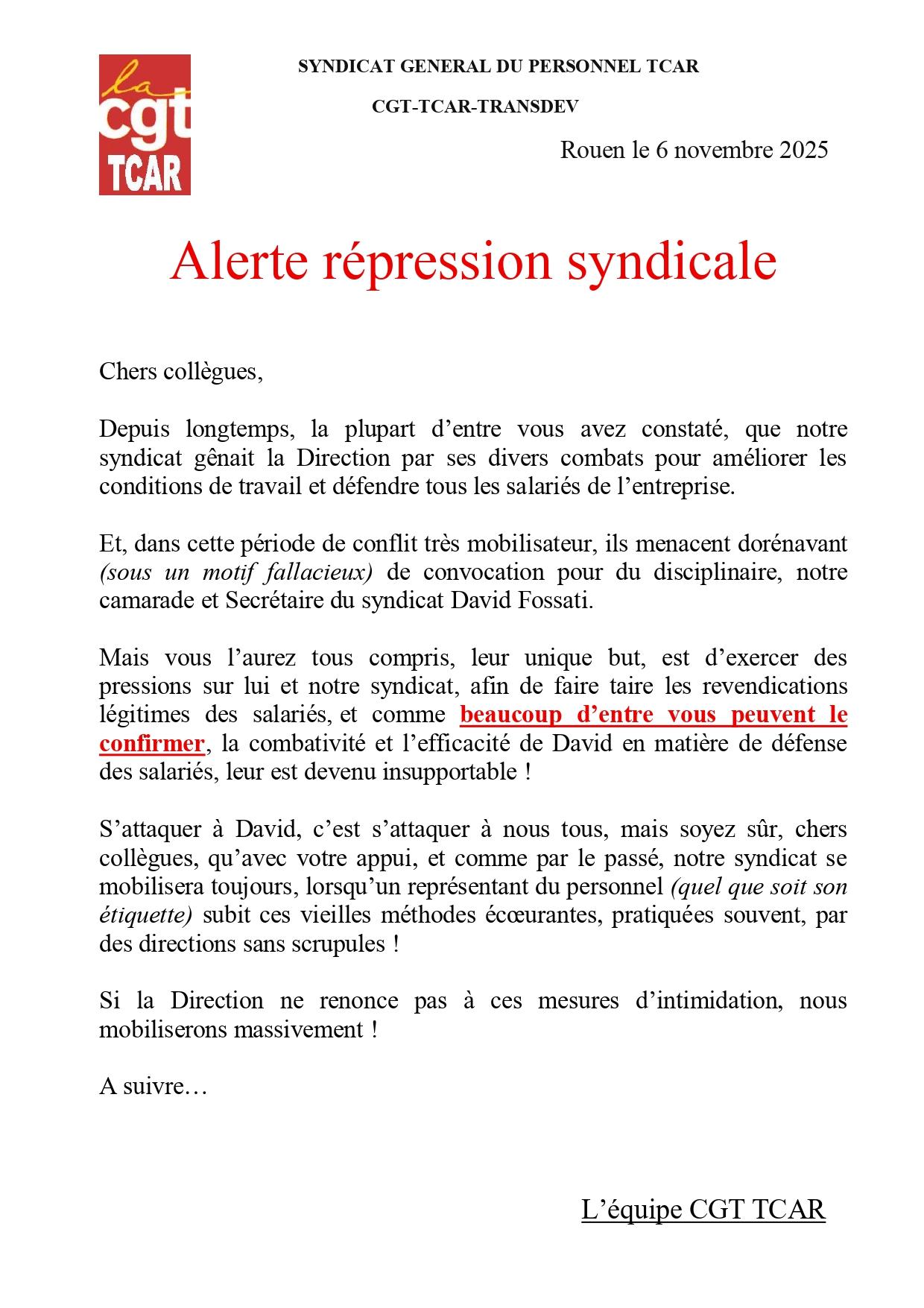 Tract du 6 novembre 2025 repression syndicale page 0001